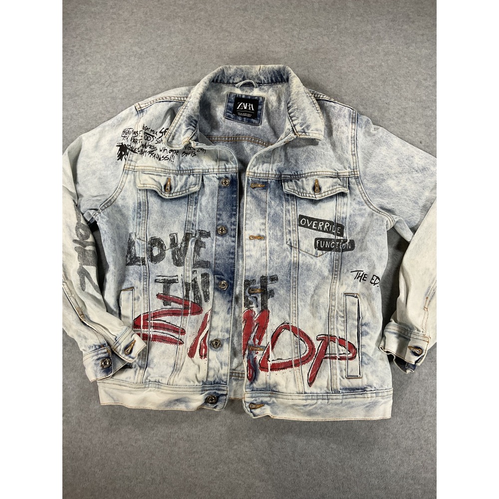 Zara Graffiti Acid Wash Denim Jacket Light Blue Streetwear XL 2480